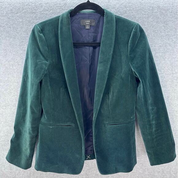 J Crew 365 Women's sz 2 Dark Green Velvet Blazer Open Front Work Office - Picture 1 of 10